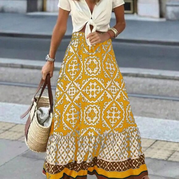 Yellow Boho Women's Vacation Style Allover Print Skirt - Picture 1 of 6